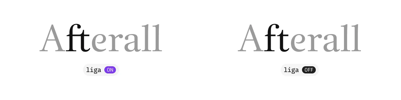 Left, the `ft` ligature as Afterall Serif sets it. Right, the same letters unjoined